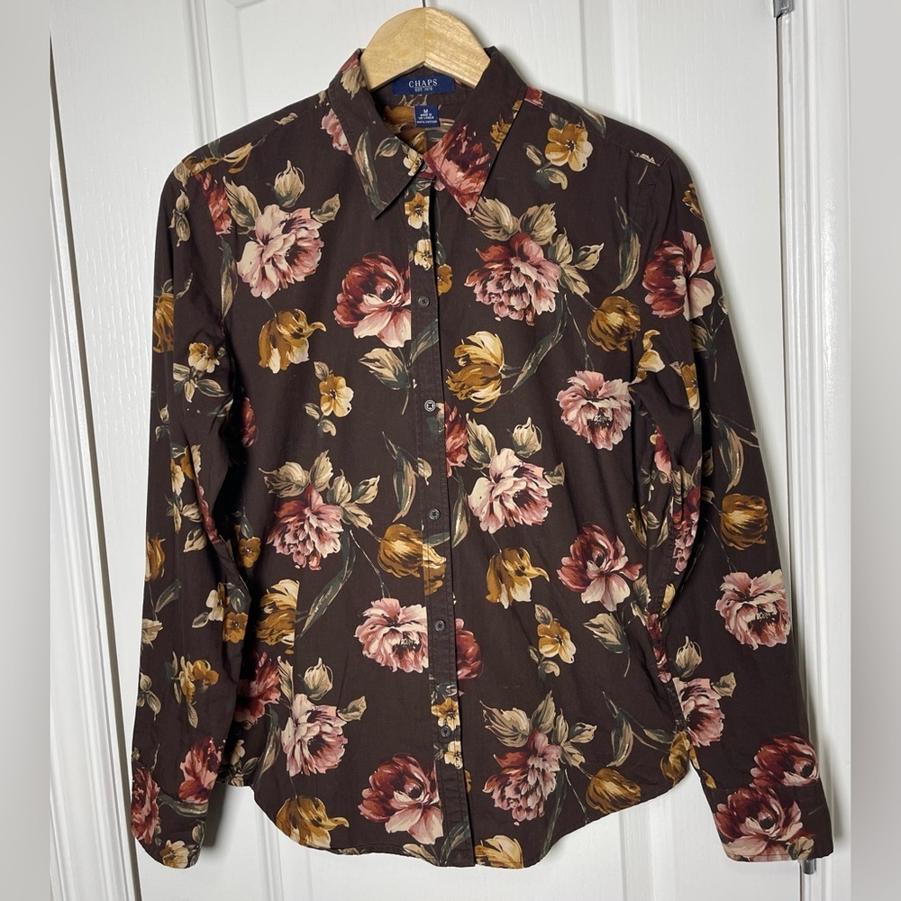 Chaps Brown Pink Floral Button-Down Shirt Size Medium